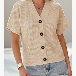 Amazon Cream Waffle Knit Short Sleeve Button Front Top